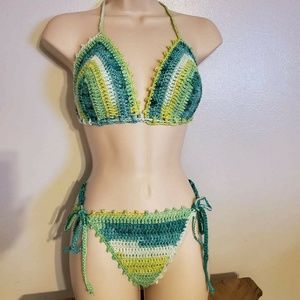 Green Tri-Color Crochet Bikini Swimsuit